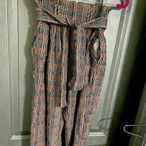 Paper bag tie waist plaid crop pants